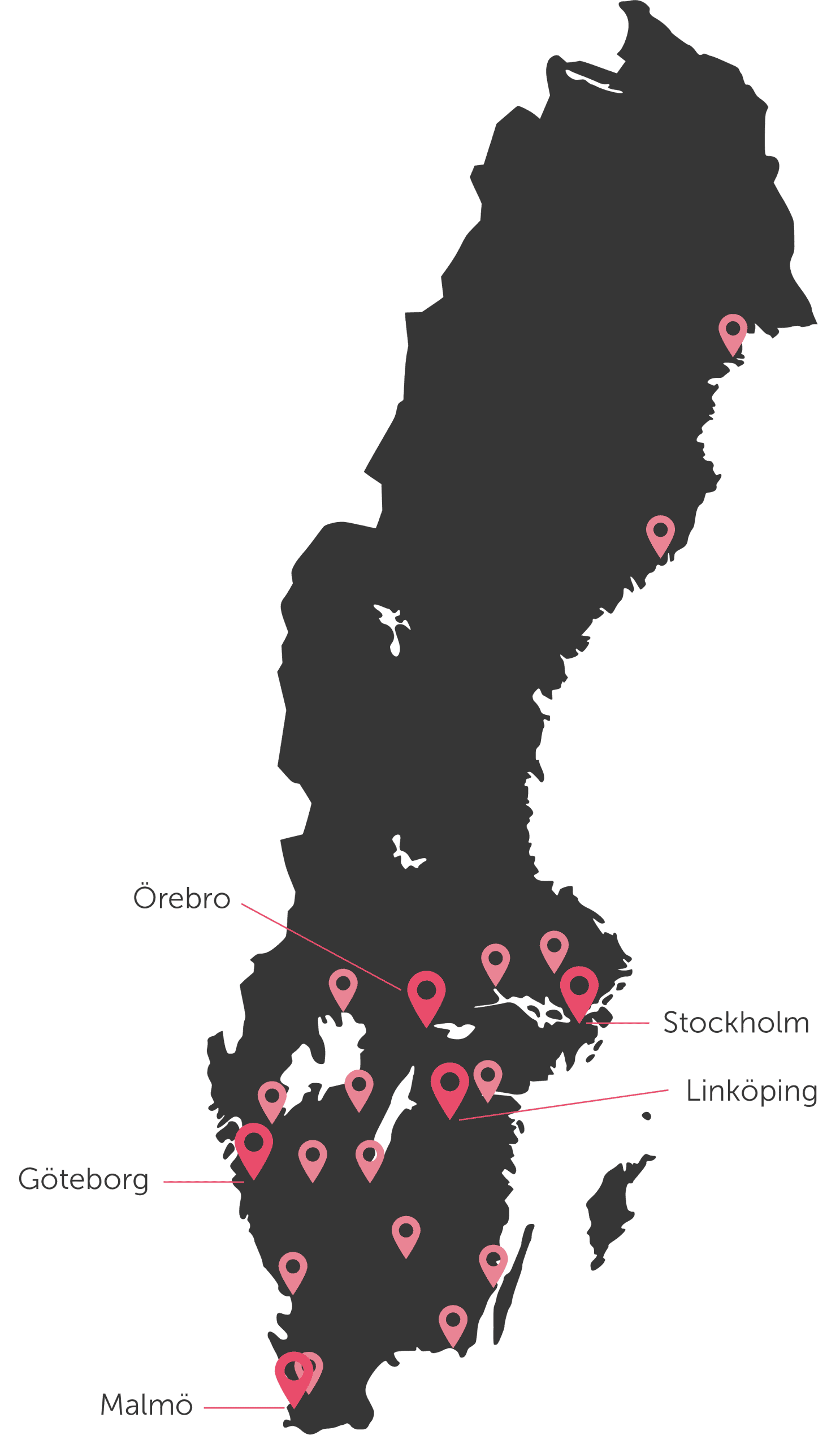 Karta över Sverige med platser markerade för rekrytering och konsultverksamhet.