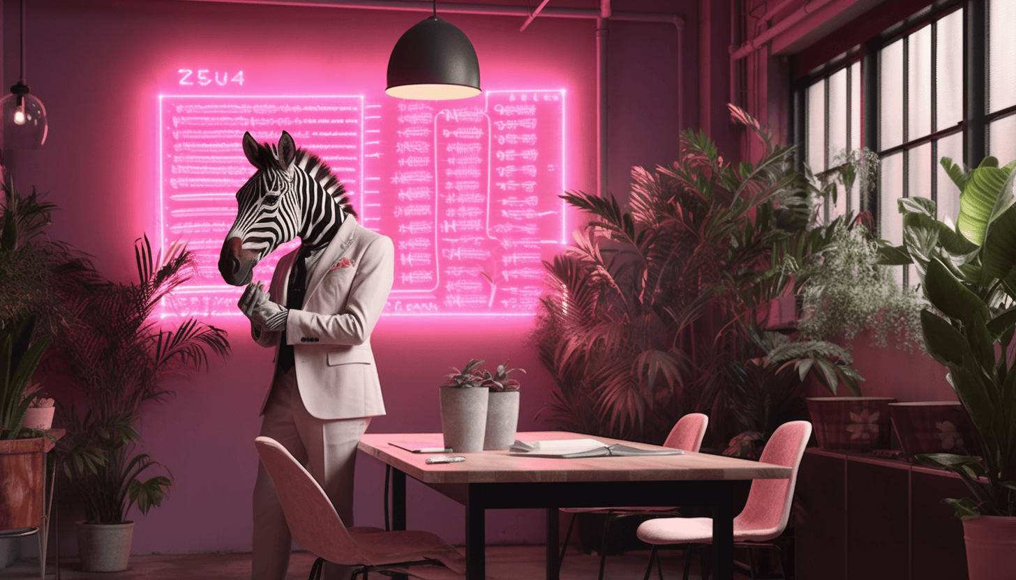 En person med zebrahuvud i ett modernt kontorslandskap med v&auml;xter och neonbelysning.
