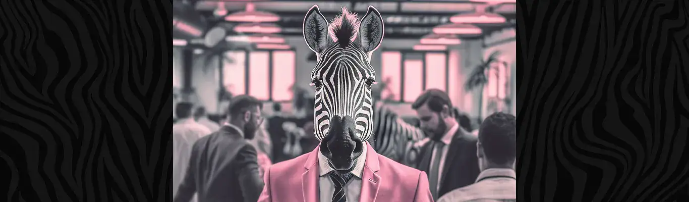 En person med zebrahuvud i ett kontorslandskap med m&aring;nga personer.