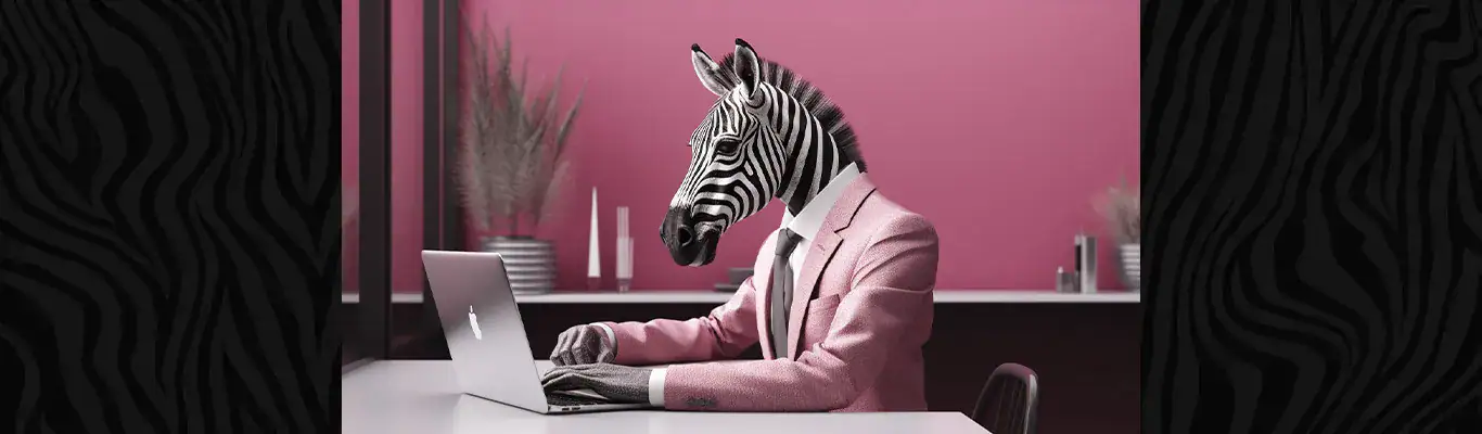 Person med zebrahuvud arbetar vid dator i rosa kontorsmilj&ouml;.