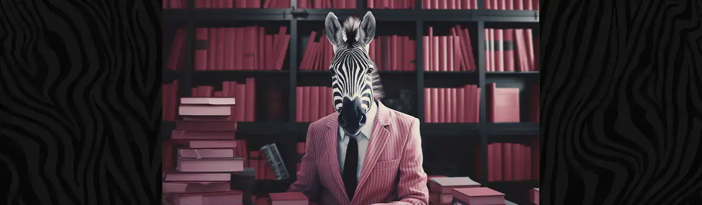 Person i kostym med zebrahuvud i bibliotek.