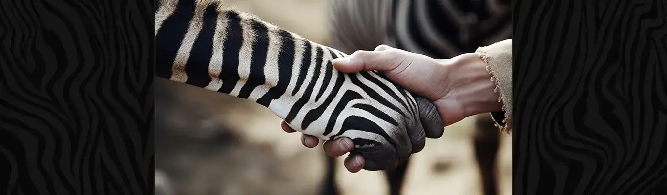 En ai-bild som visar en zebrahand och en vanlig hand skaka hand